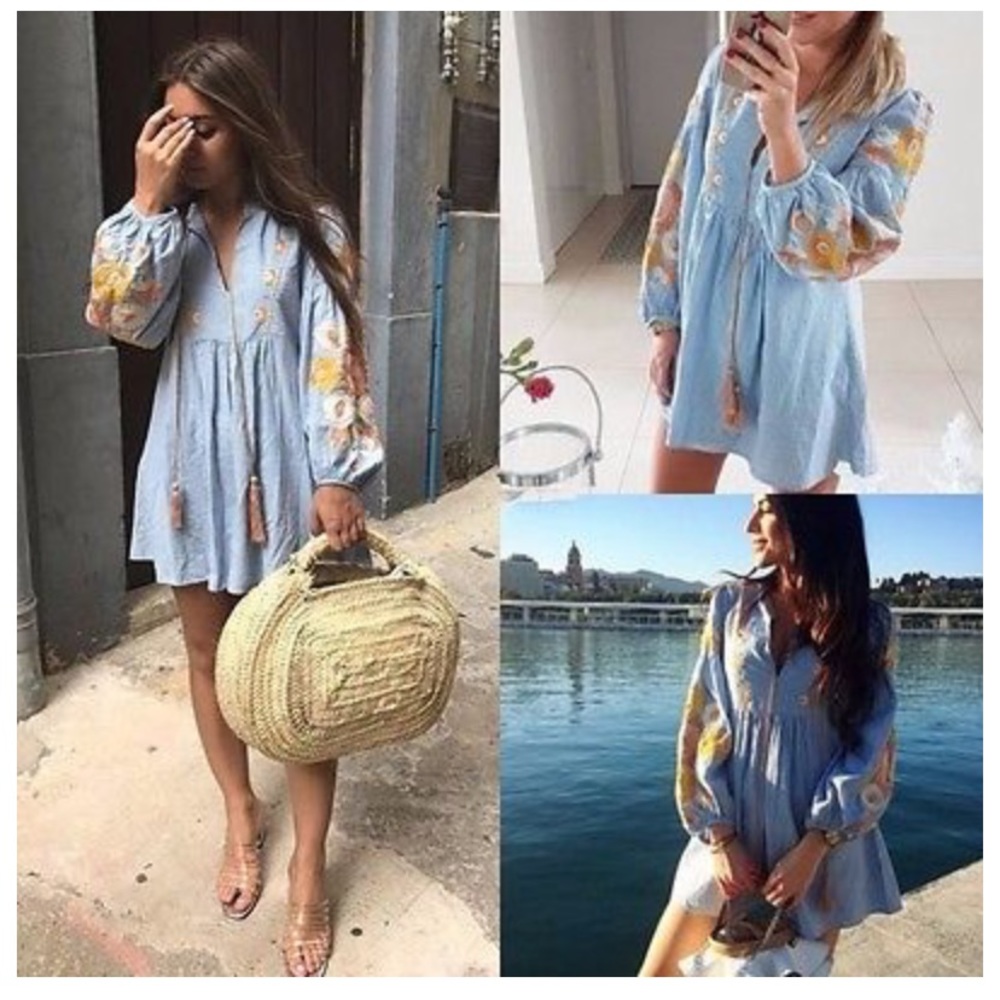 ZARA Blue Embroidered Tunic Dress